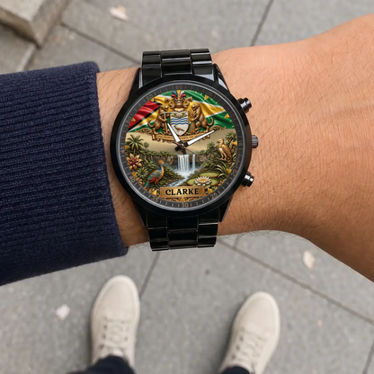 Personalized Guyana heritage watch - black metal bracelet worn outdoors