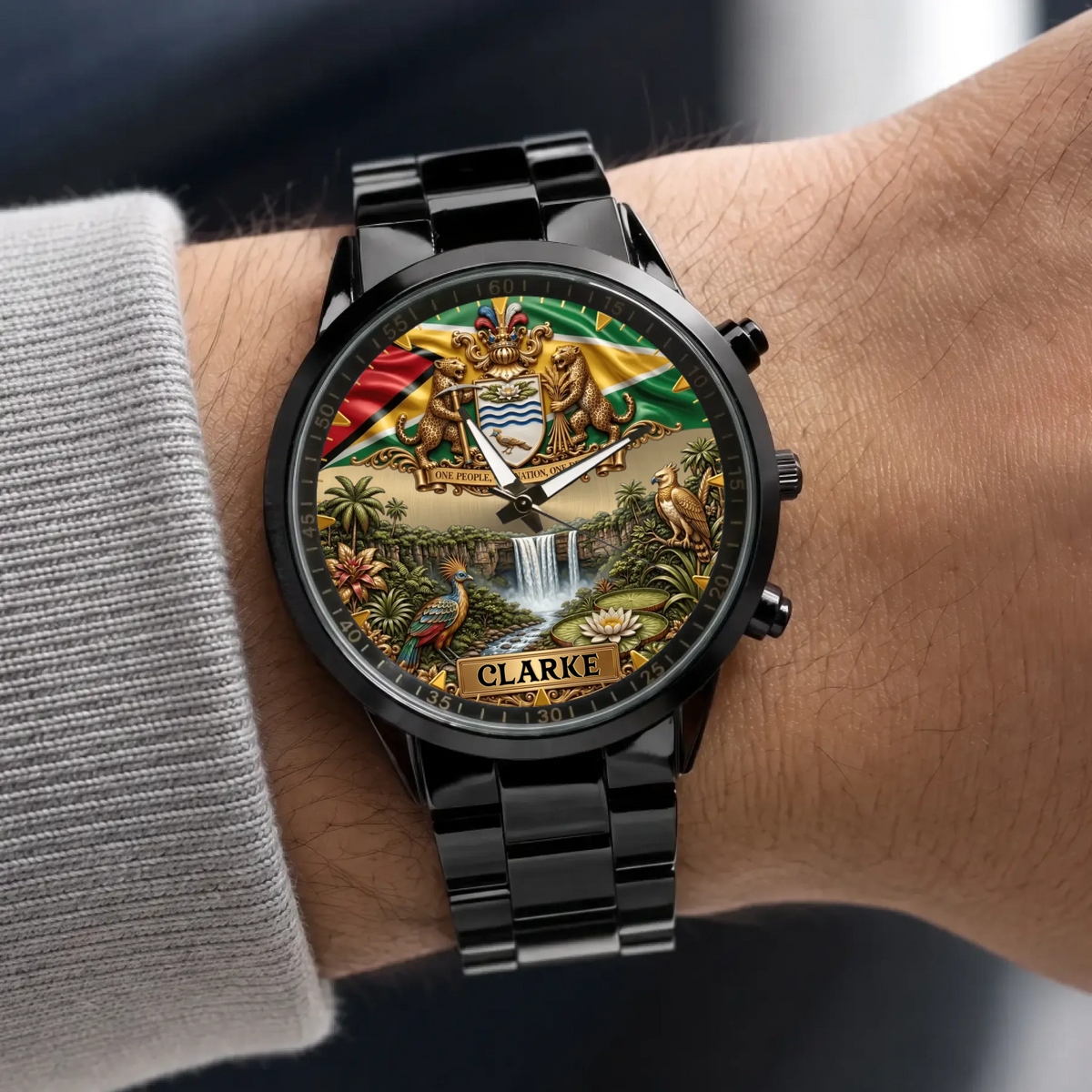 Personalized Guyana heritage watch - black metal bracelet worn with a gray sweater