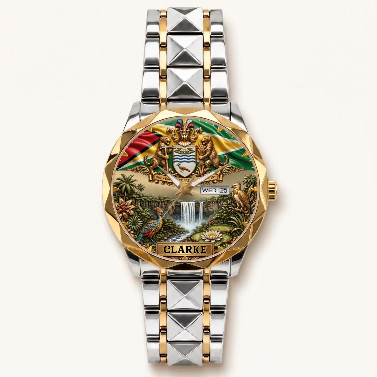 Personalized Guyana heritage watch - two-tone bracelet with gold-tone bezel