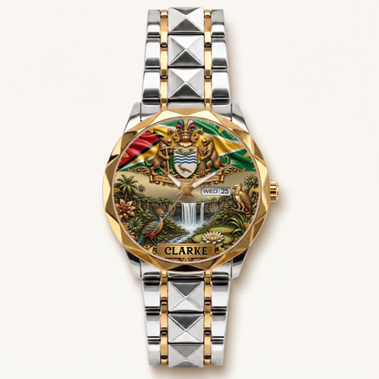 Personalized Guyana heritage watch - two-tone bracelet with gold-tone bezel