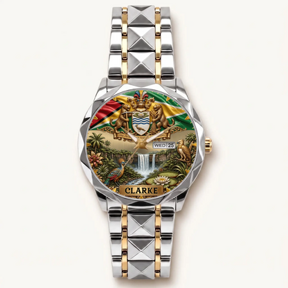 Personalized Guyana heritage watch - two-tone bracelet with silver-tone bezel