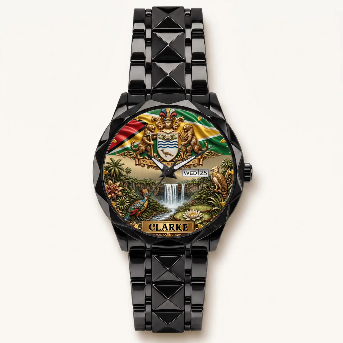 Personalized Guyana heritage watch - black faceted bracelet and day-date display