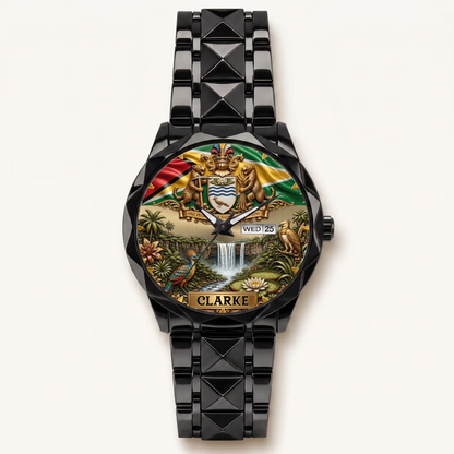 Personalized Guyana heritage watch - black faceted bracelet and day-date display