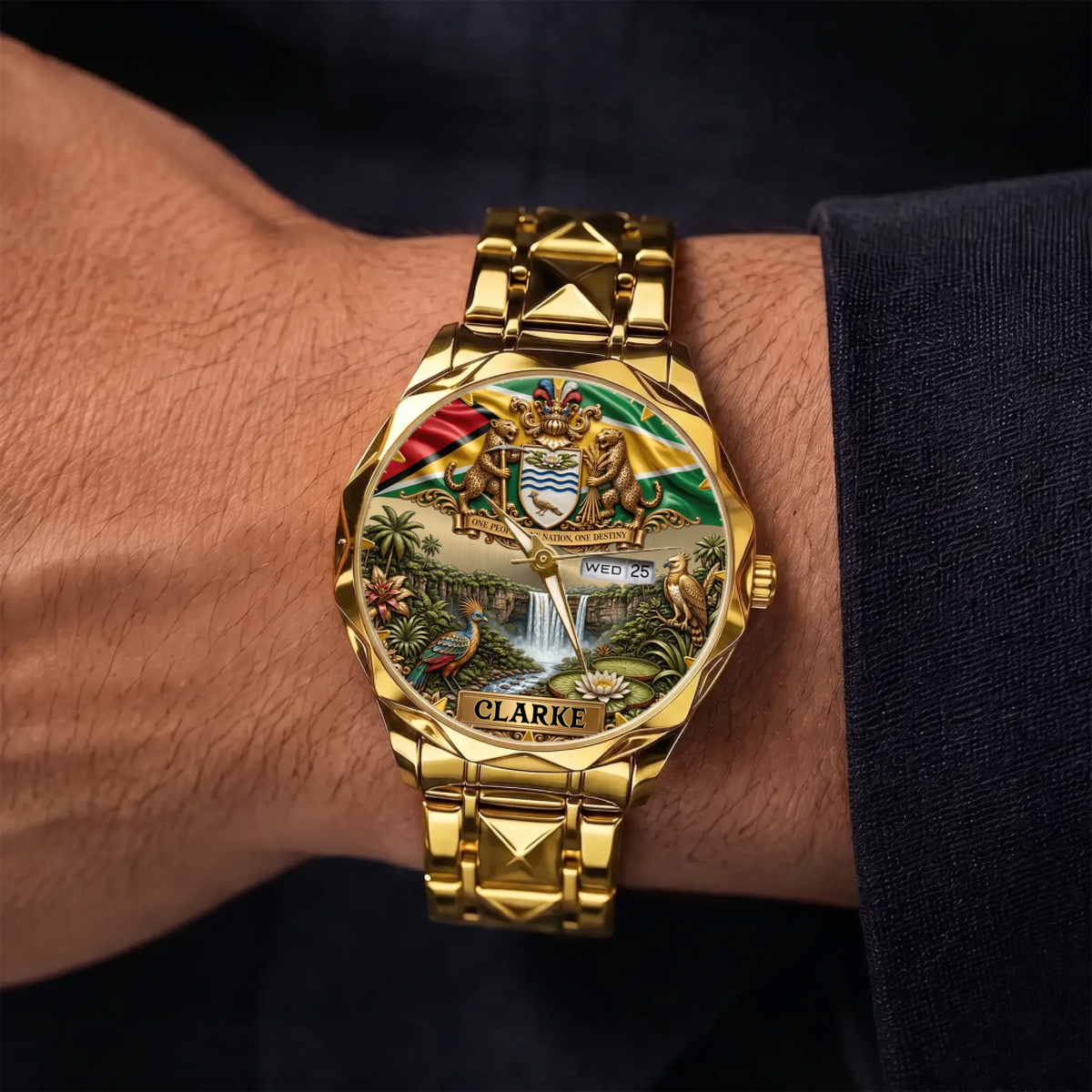 Personalized Guyana heritage watch - gold-tone faceted bracelet shown on the wrist