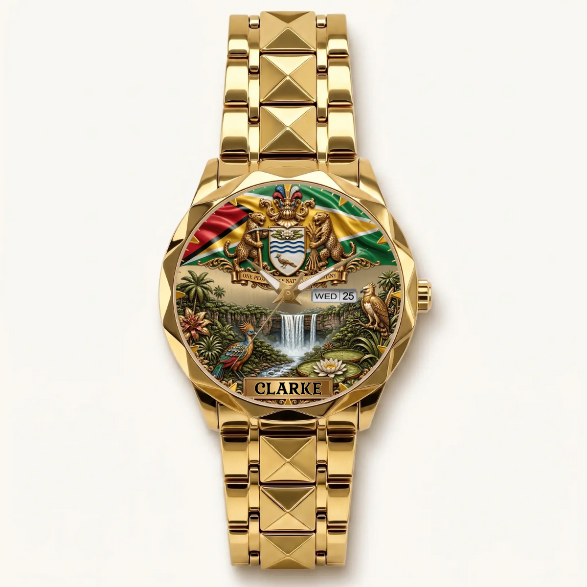 Personalized Guyana heritage watch - gold-tone faceted bracelet and day-date display