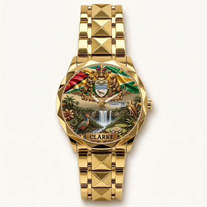 Personalized Guyana heritage watch - gold-tone faceted bracelet and day-date display