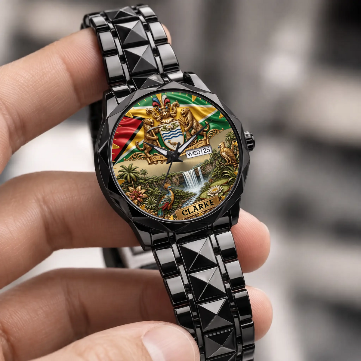 Personalized Guyana heritage watch - black faceted bracelet held in a hand