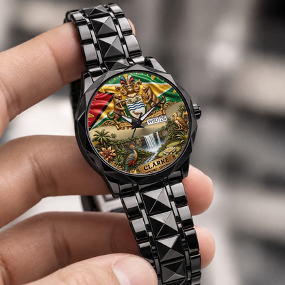 Personalized Guyana heritage watch - black faceted bracelet held in a hand