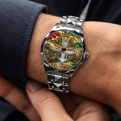Personalized Guyana heritage watch - silver-tone faceted bracelet worn with a suit