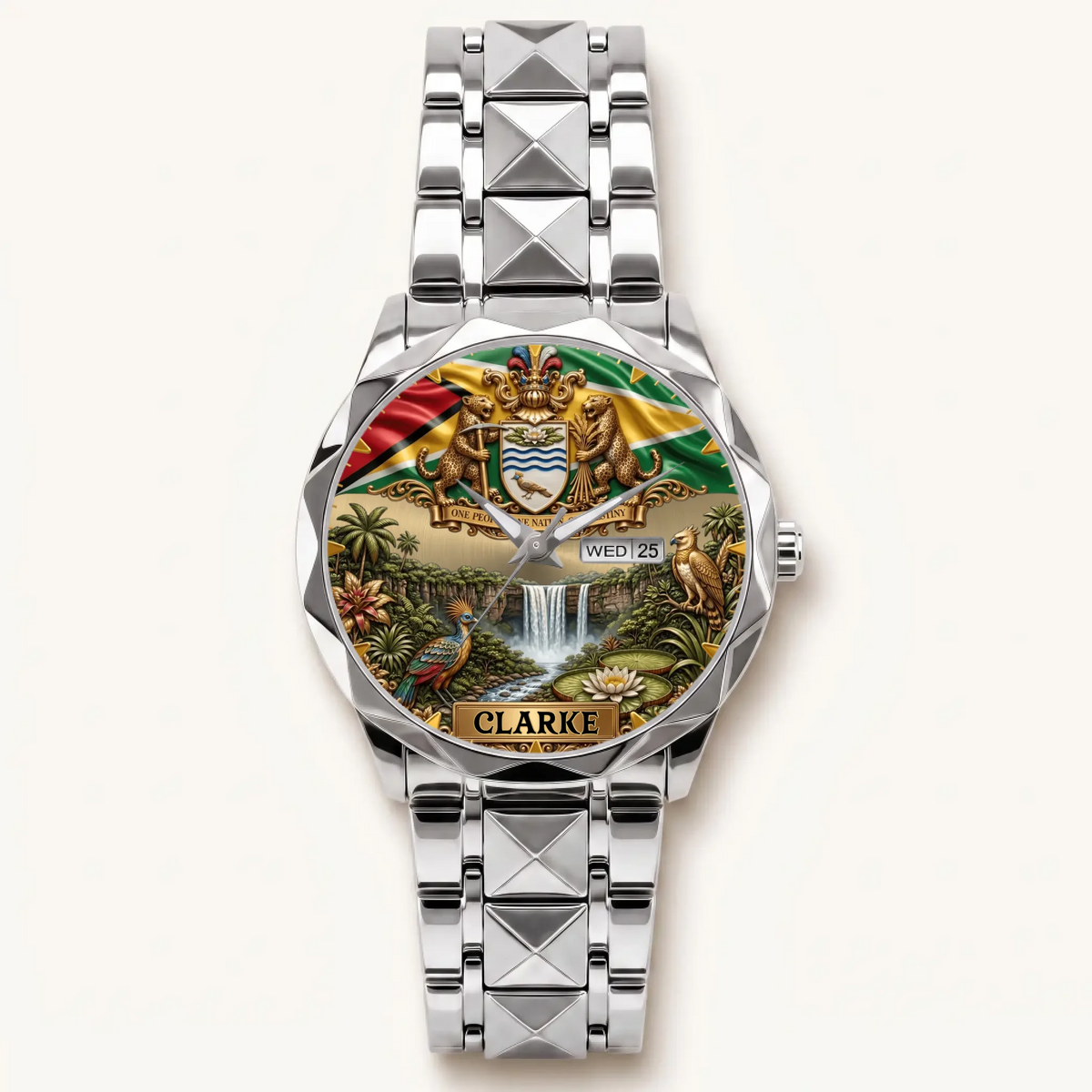 Personalized Guyana heritage watch - silver-tone faceted bracelet and day-date display