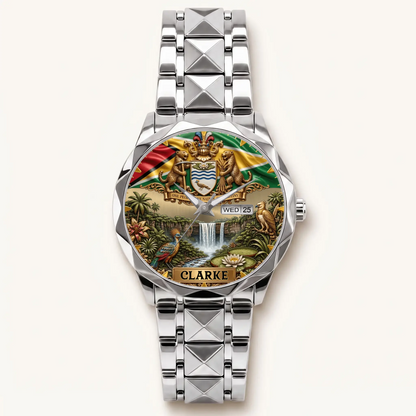 Personalized Guyana heritage watch - silver-tone faceted bracelet and day-date display