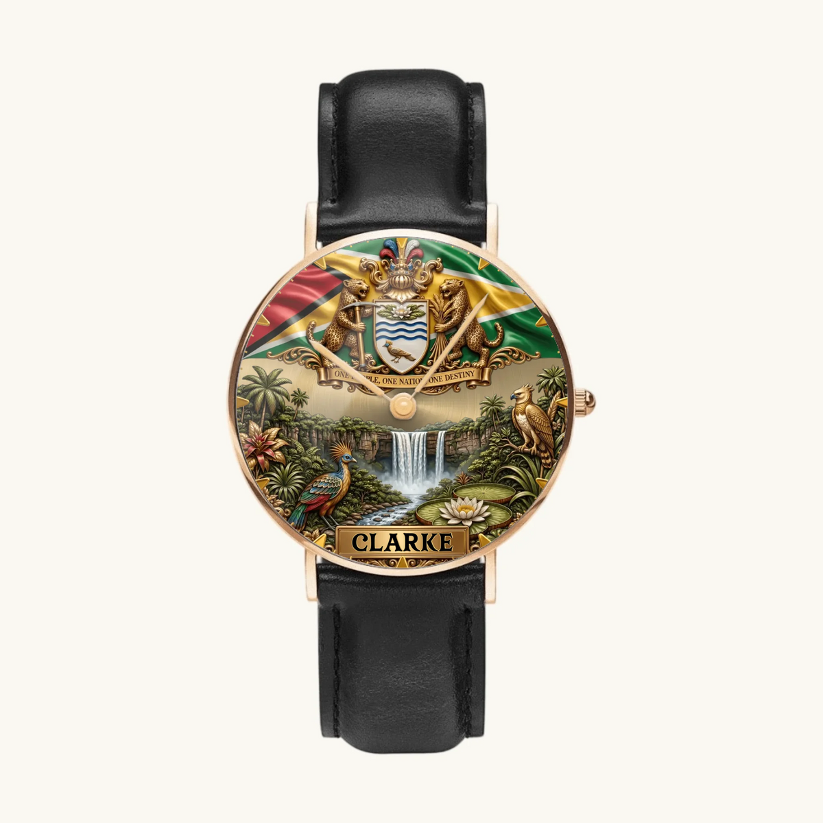 Personalized Guyana heritage watch - rose-gold-tone case and black leather strap, front view