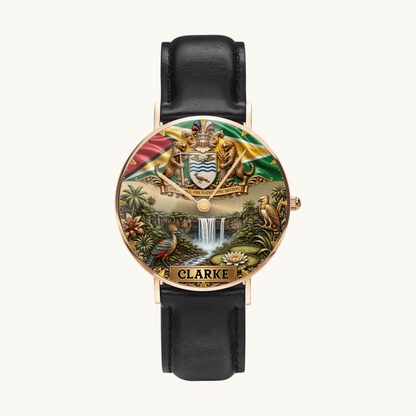 Personalized Guyana heritage watch - rose-gold-tone case and black leather strap, front view