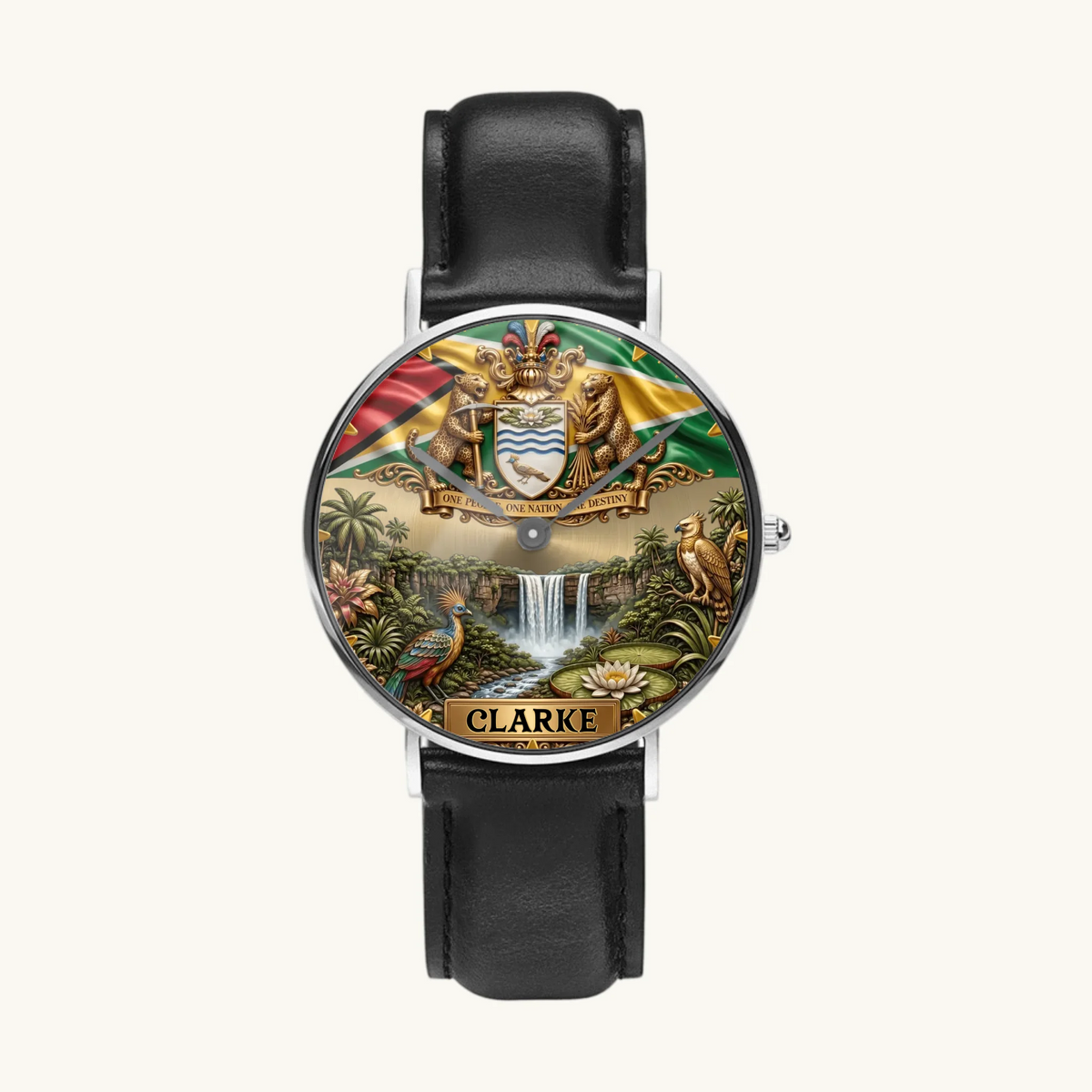 Personalized Guyana heritage watch - silver-tone case and black leather strap, front view