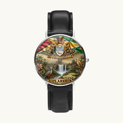Personalized Guyana heritage watch - silver-tone case and black leather strap, front view