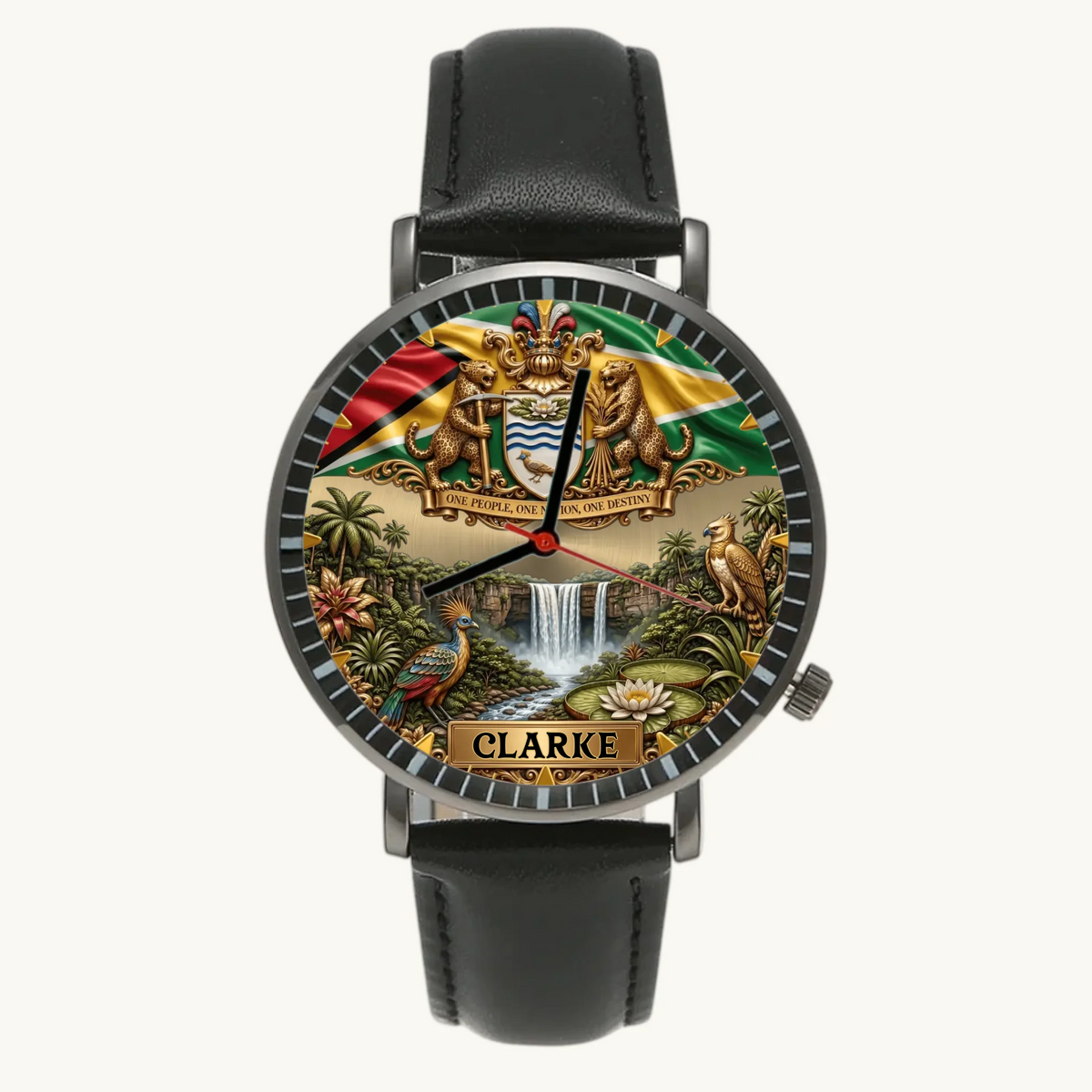 Personalized Guyana heritage watch - black case and black leather strap, front view
