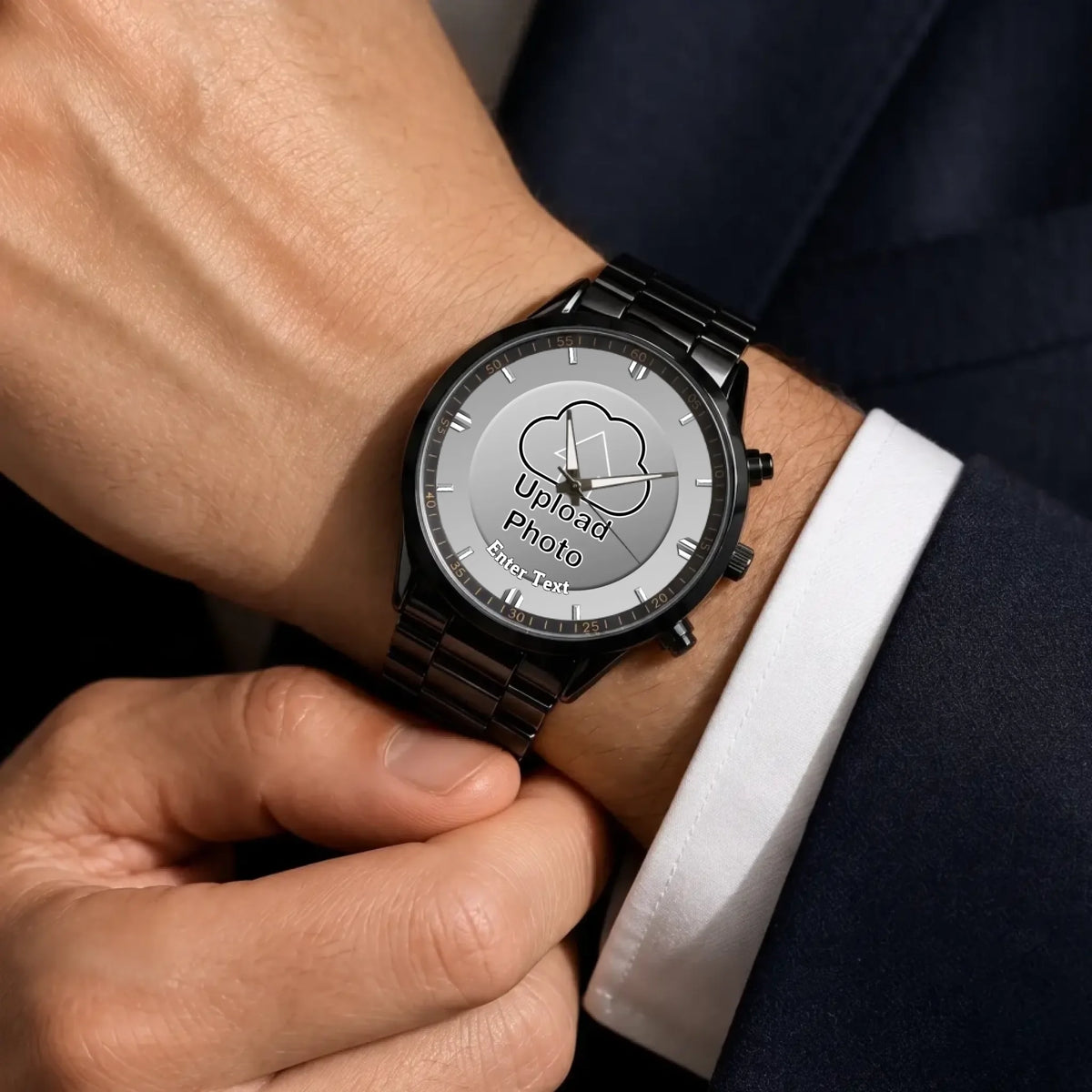 Personalized photo dial watch - black metal bracelet worn with a suit