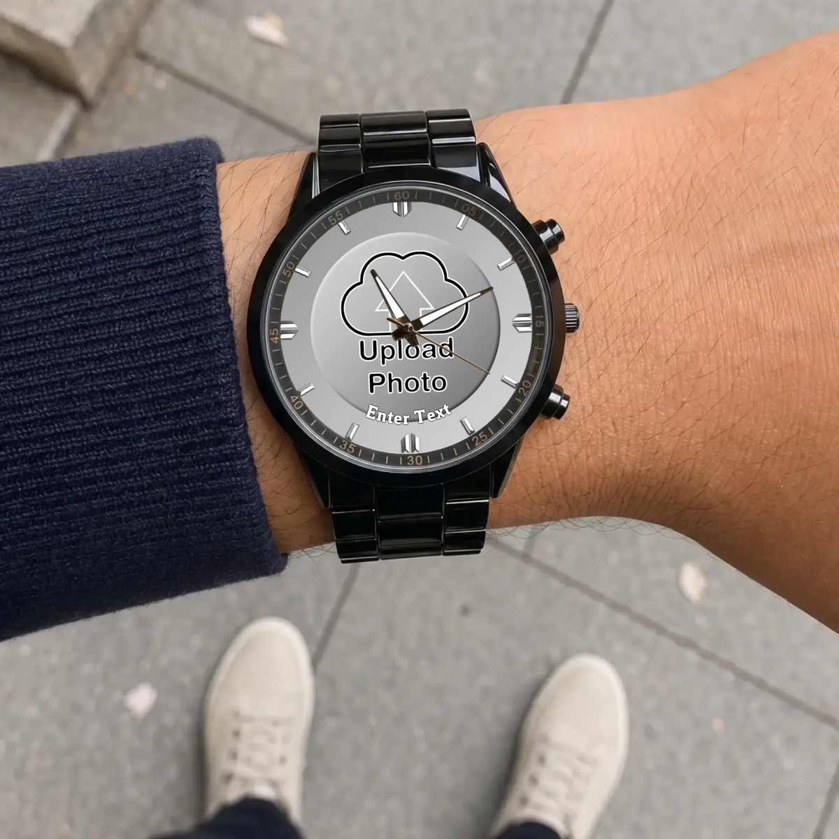 Personalized photo dial watch - black metal bracelet worn outdoors