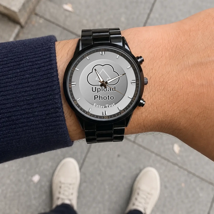 Personalized photo dial watch - black metal bracelet worn outdoors
