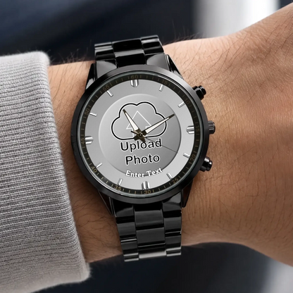 Personalized photo dial watch - black metal bracelet worn with a gray sweater