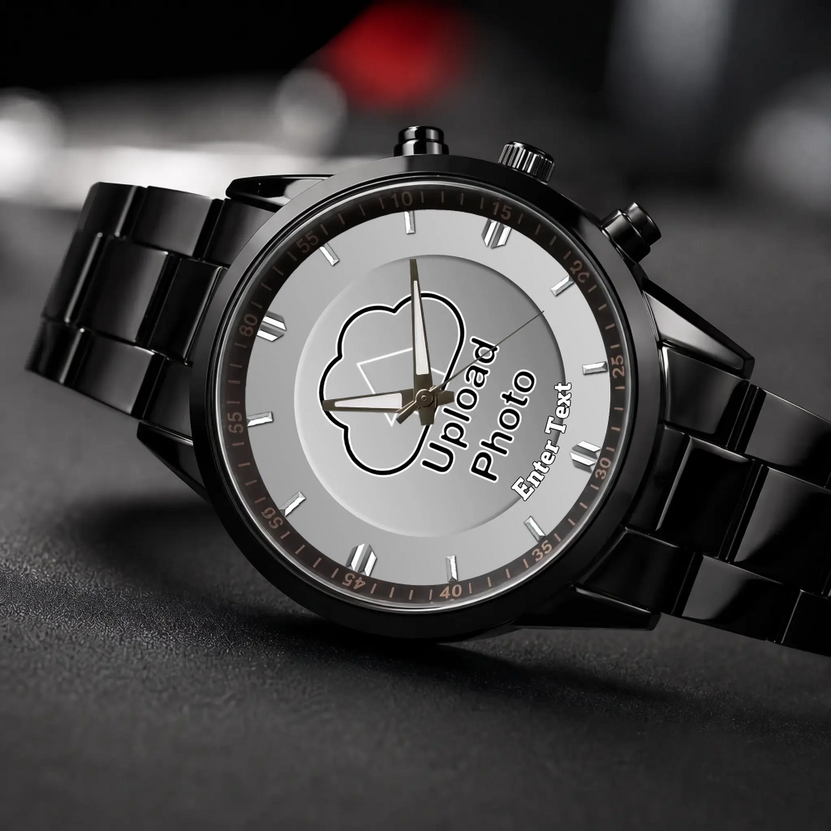 Personalized photo dial watch - black metal bracelet, angled view on a dark surface