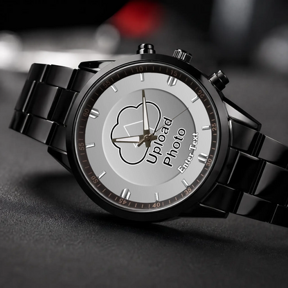 Personalized photo dial watch - black metal bracelet, angled view on a dark surface