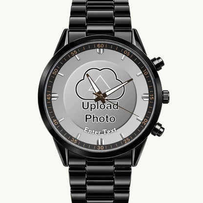 Personalized photo dial watch with photo upload and custom text preview, black metal bracelet