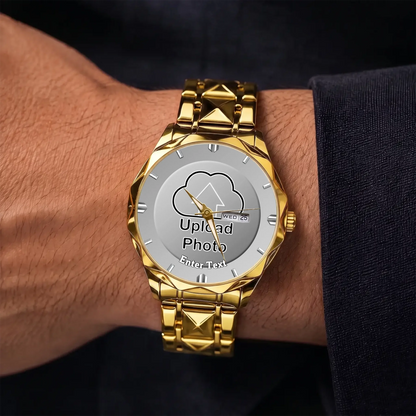 Personalized photo dial watch - gold-tone faceted bracelet shown on the wrist