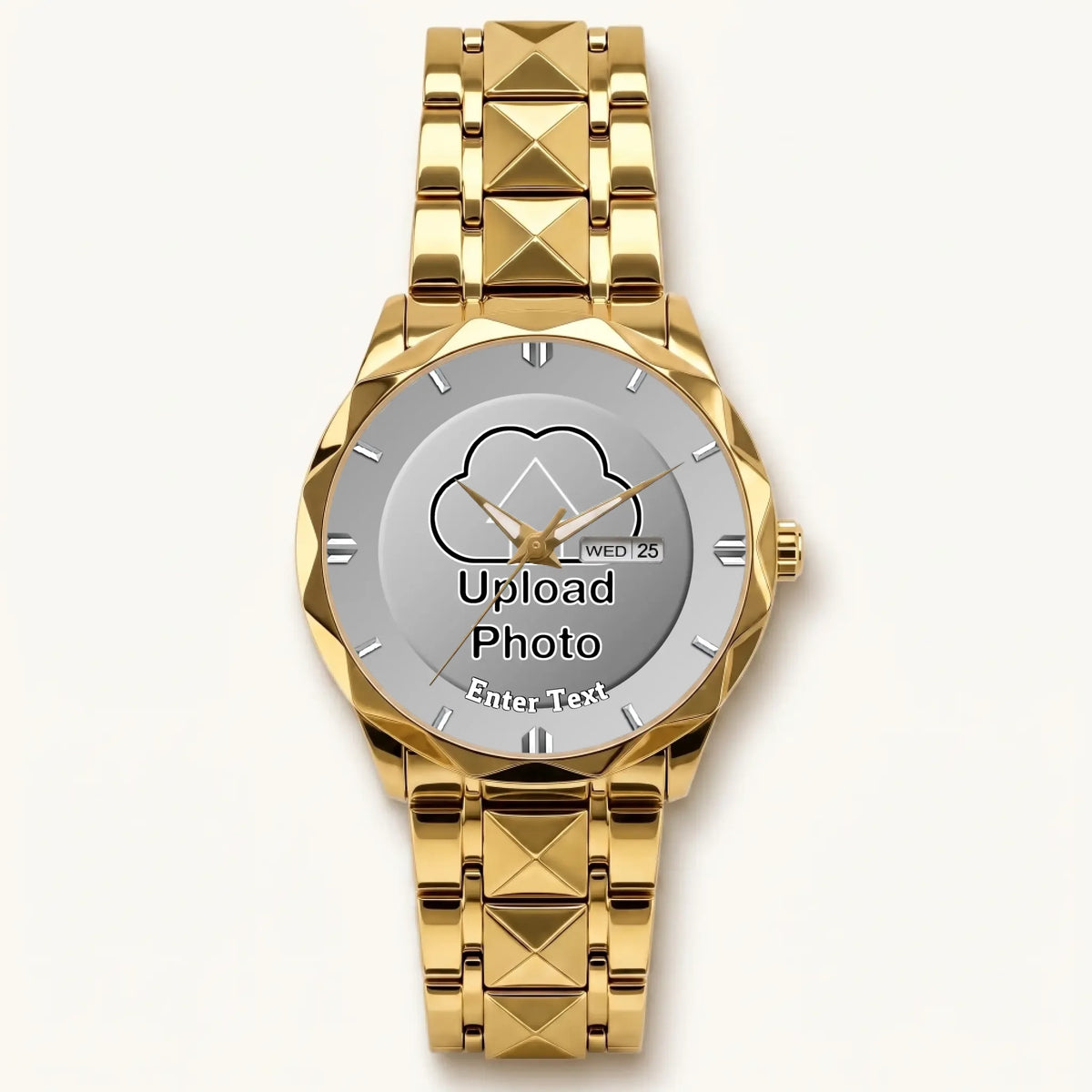 Personalized photo dial watch - gold-tone faceted bracelet and day-date display