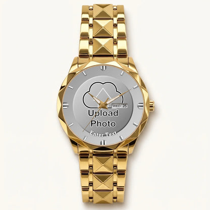 Personalized photo dial watch - gold-tone faceted bracelet and day-date display