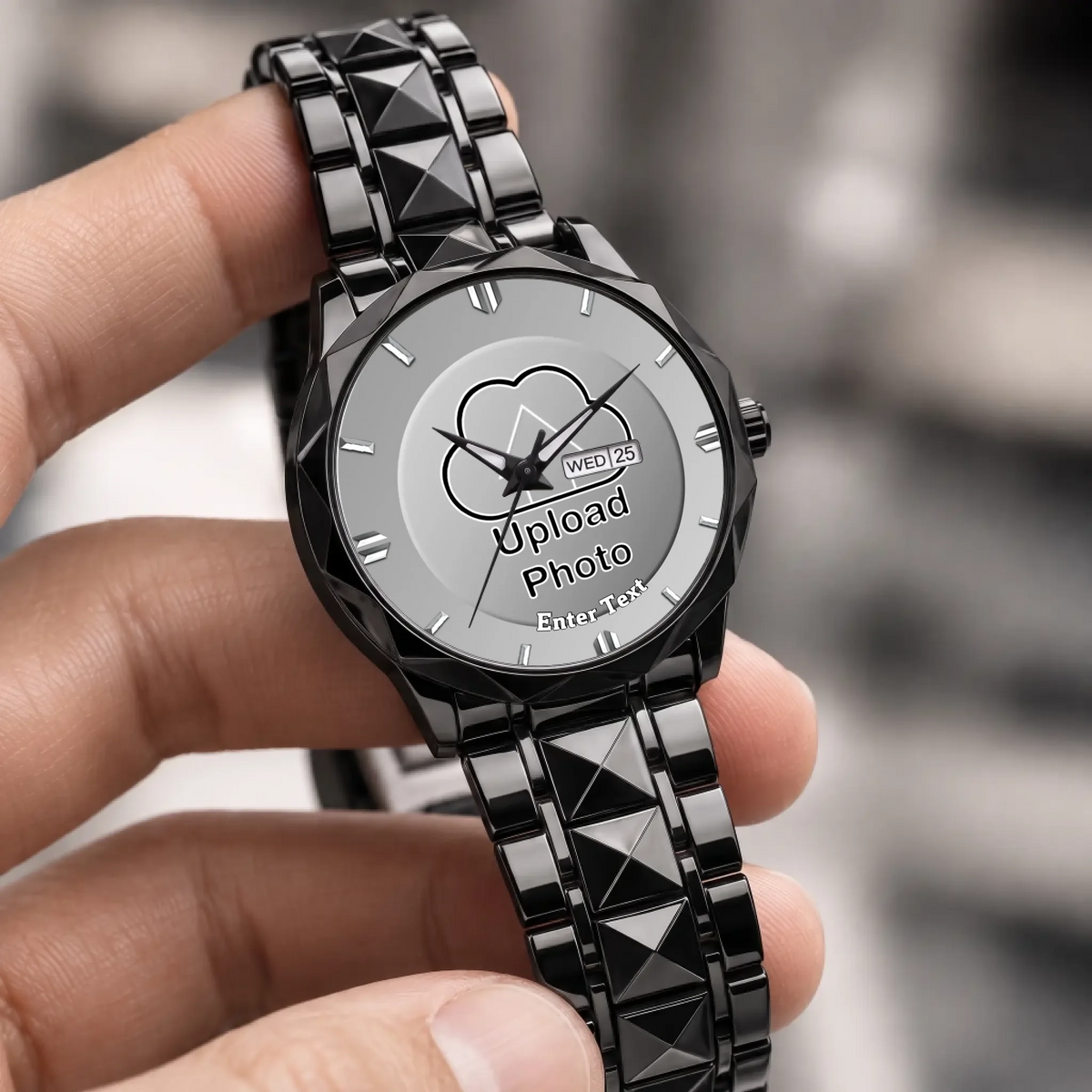 Personalized photo dial watch - black faceted bracelet held in a hand