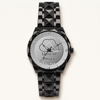 Personalized photo dial watch - black faceted bracelet and day-date display
