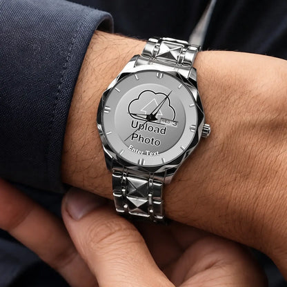 Personalized photo dial watch - silver-tone faceted bracelet worn with a suit