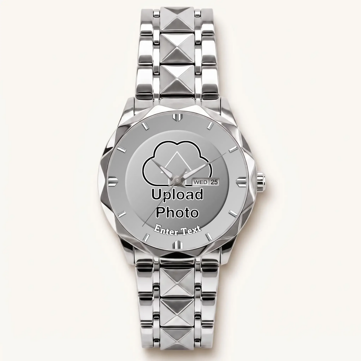 Personalized photo dial watch - silver-tone faceted bracelet and day-date display