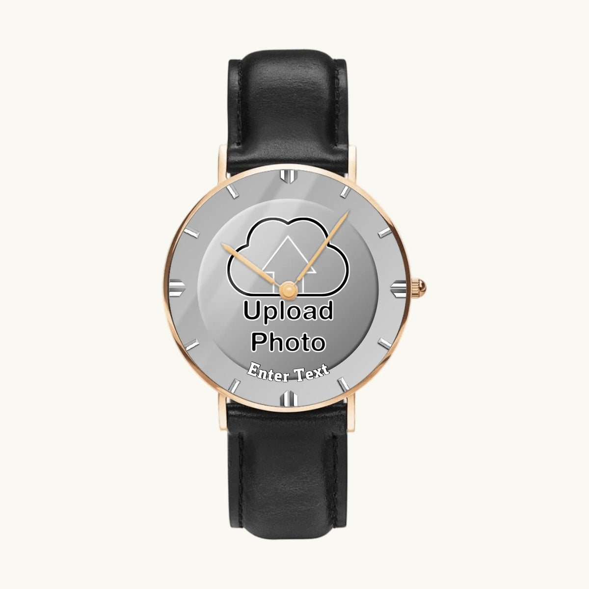 Personalized photo dial watch - rose-gold-tone case and black leather strap, front view