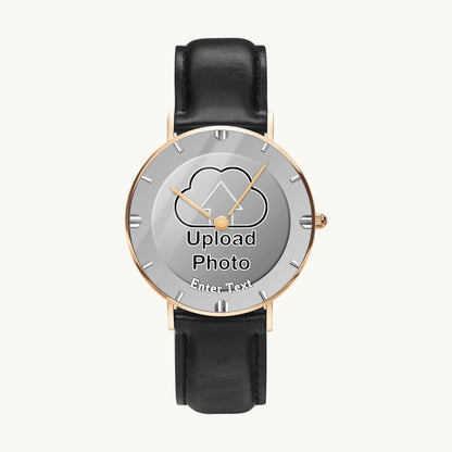 Personalized photo dial watch - rose-gold-tone case and black leather strap, front view