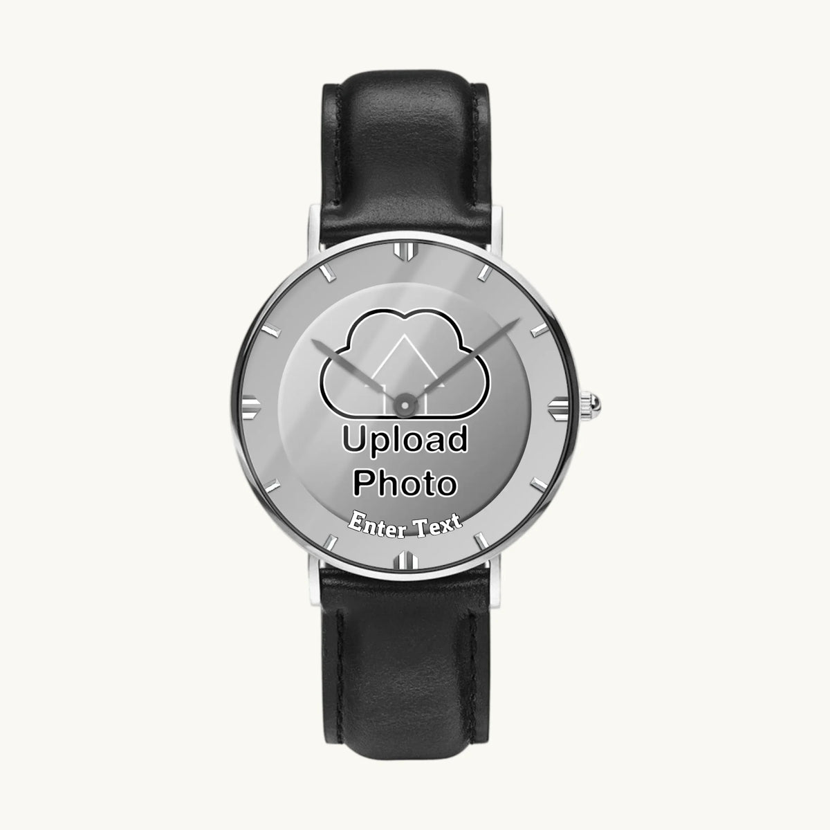 Personalized photo dial watch - silver-tone case and black leather strap, front view