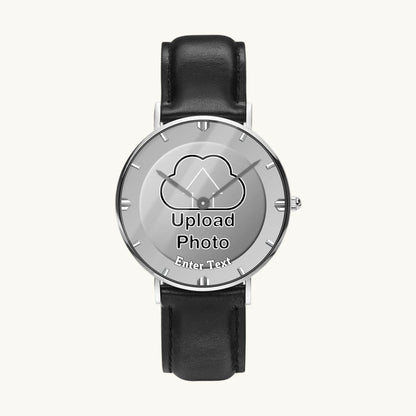 Personalized photo dial watch - silver-tone case and black leather strap, front view