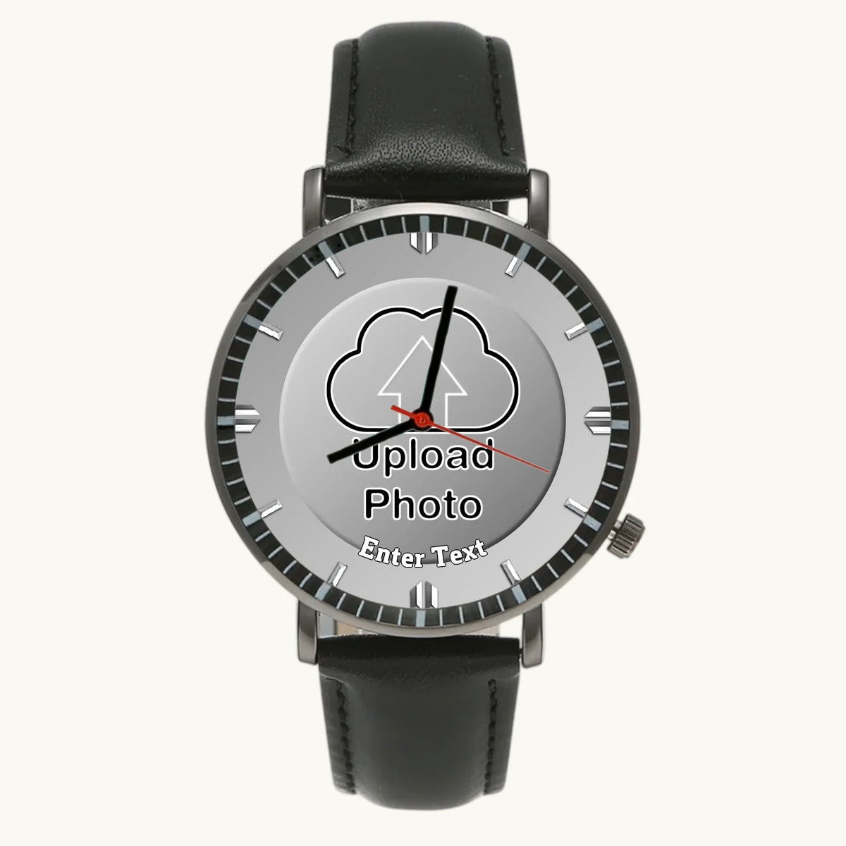 Personalized photo dial watch - black case and black leather strap, front view