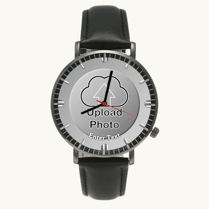 Personalized photo dial watch - black case and black leather strap, front view