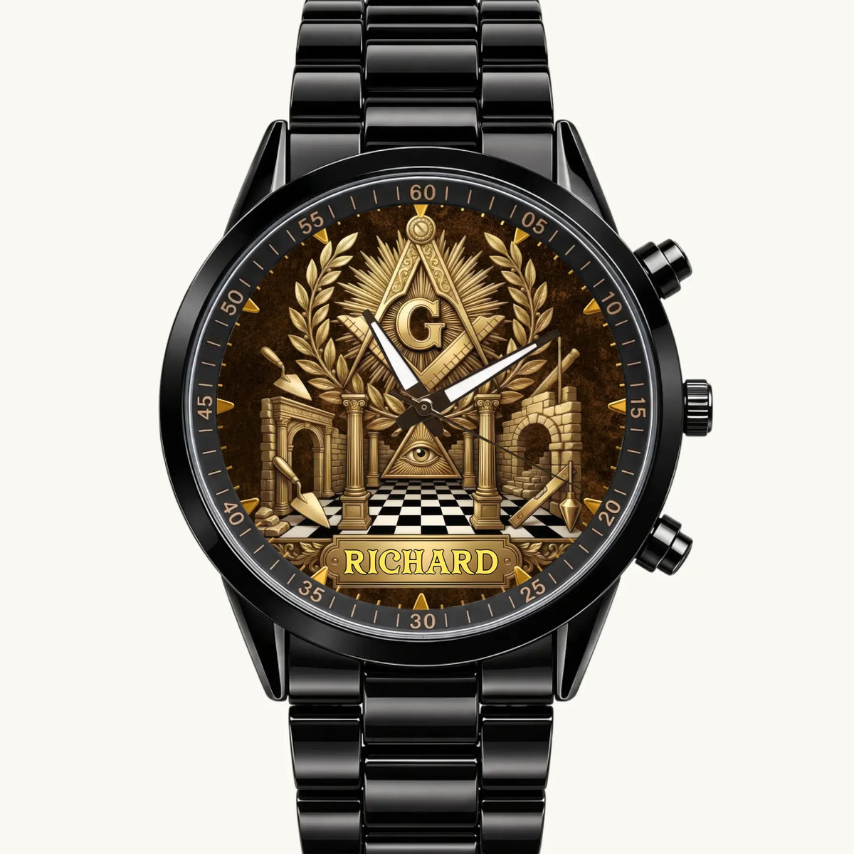 Personalized Masonic watch with gold-tone Masonic emblem and custom name, black metal bracelet