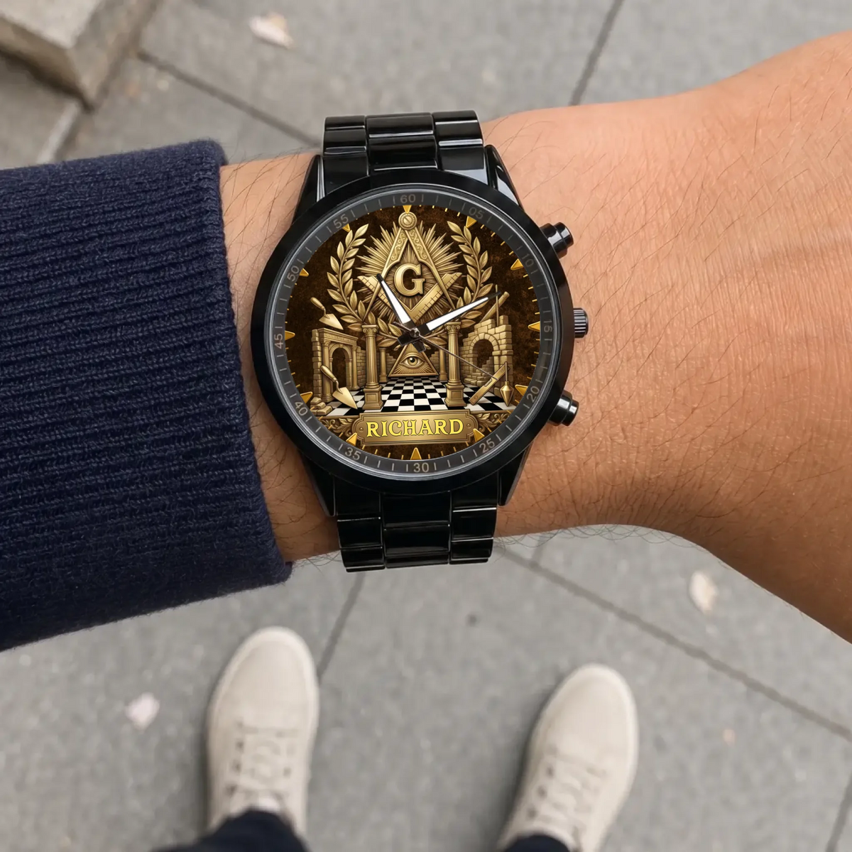 Personalized Masonic watch - black metal bracelet worn outdoors