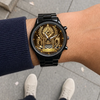 Personalized Masonic watch - black metal bracelet worn outdoors
