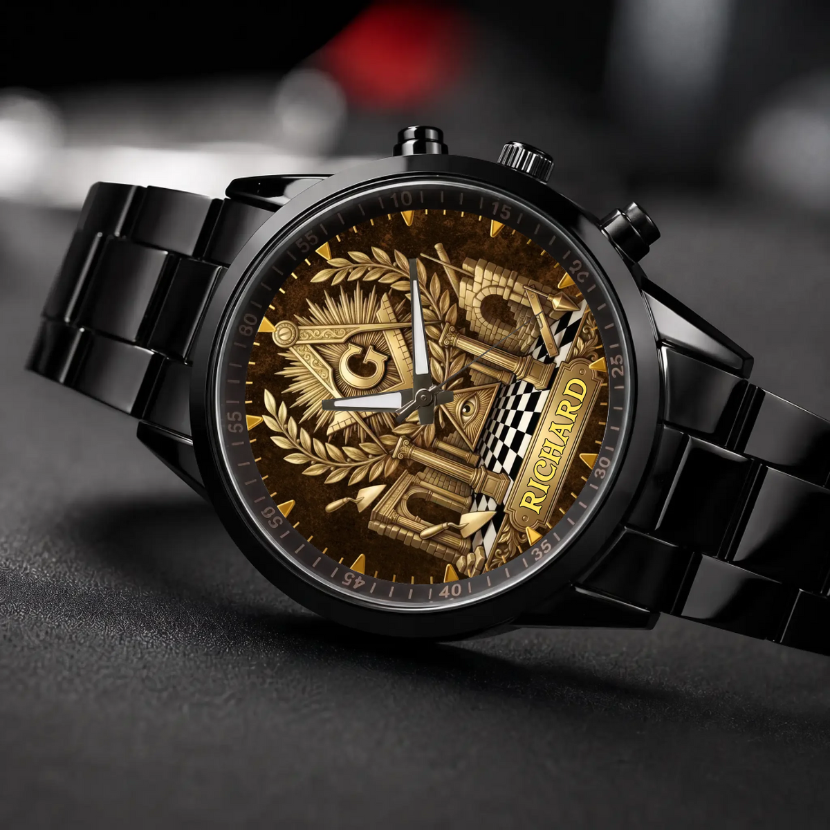 Personalized Masonic watch - black metal bracelet, angled view on a dark surface