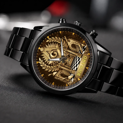 Personalized Masonic watch - black metal bracelet, angled view on a dark surface