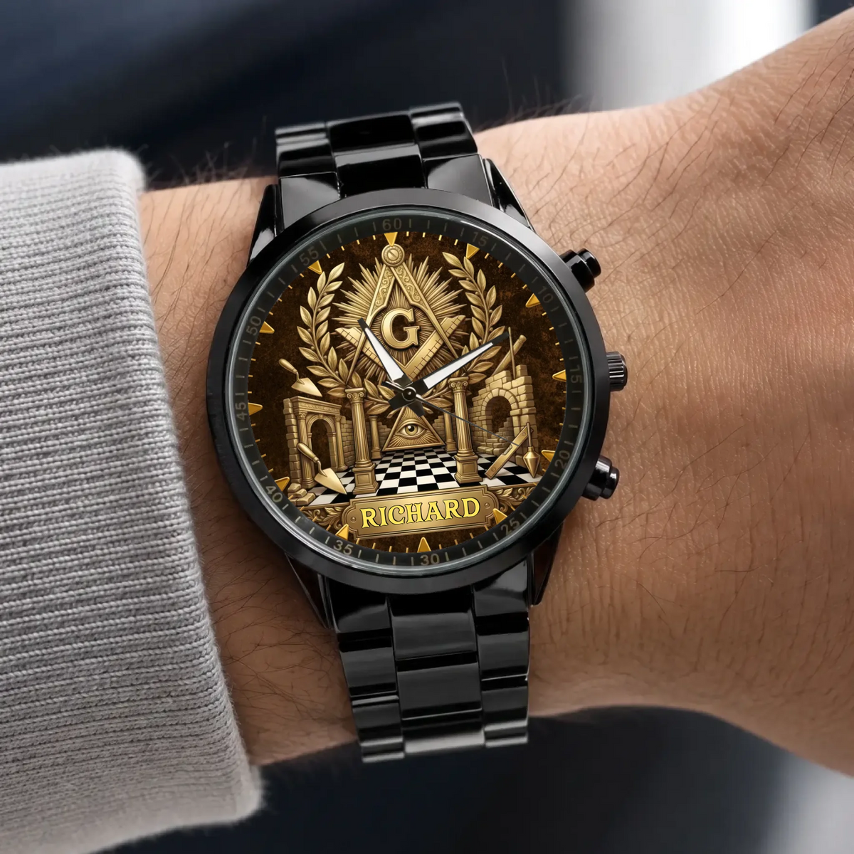 Personalized Masonic watch - black metal bracelet worn with a gray sweater