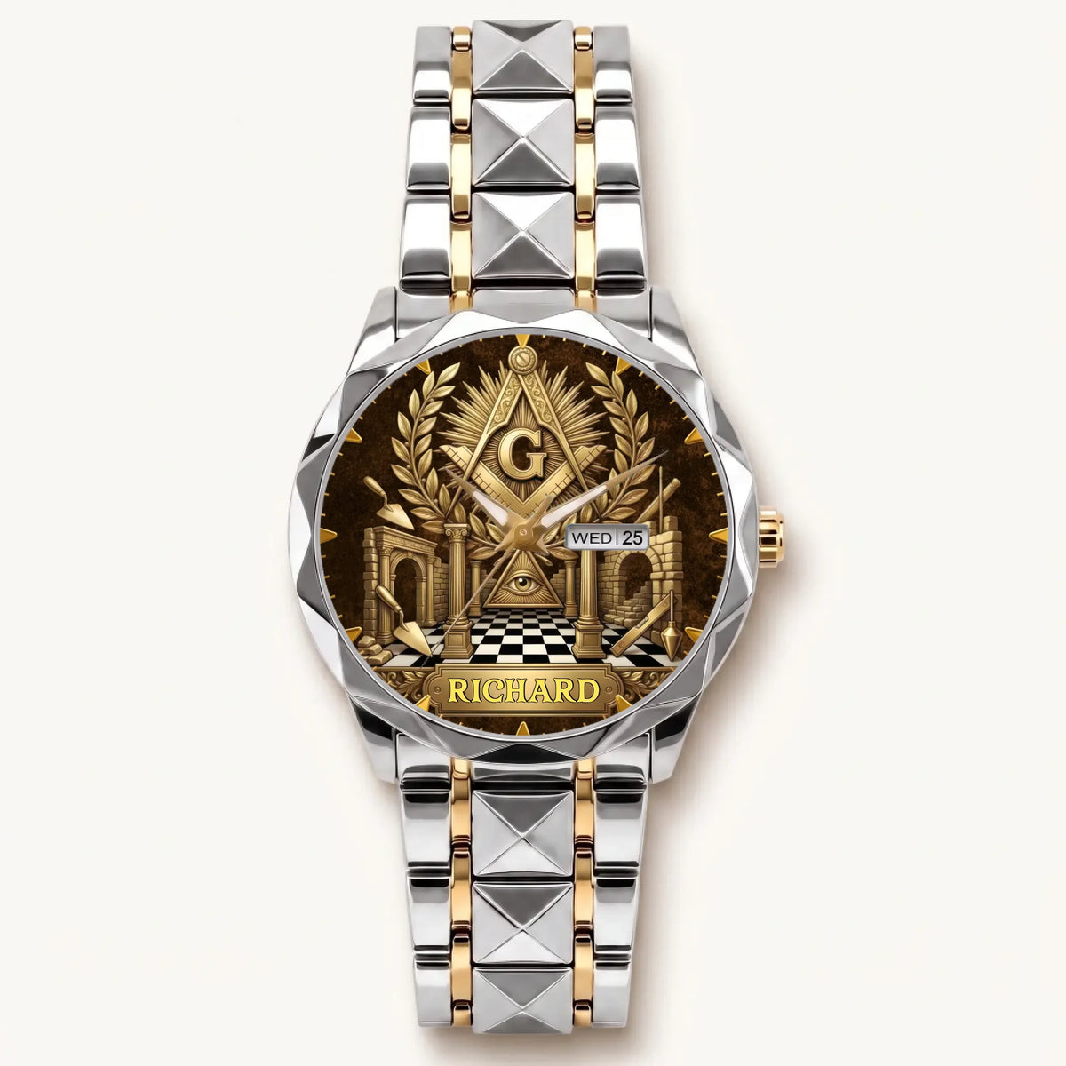 Personalized Masonic watch - two-tone bracelet with silver-tone bezel