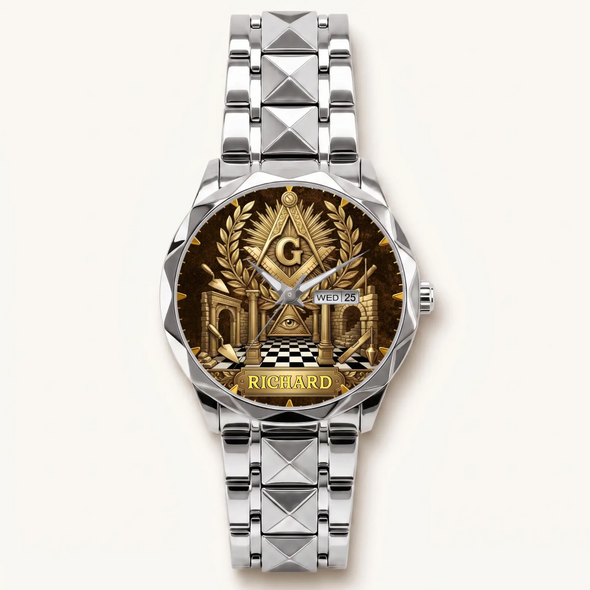 Personalized Masonic watch - silver-tone faceted bracelet and day-date display
