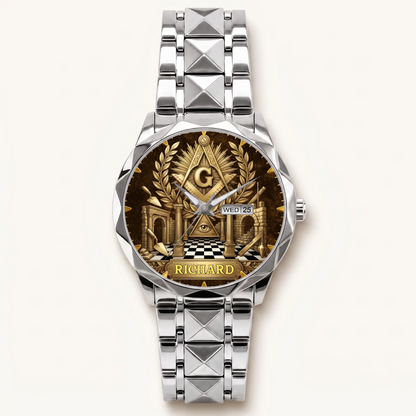 Personalized Masonic watch - silver-tone faceted bracelet and day-date display