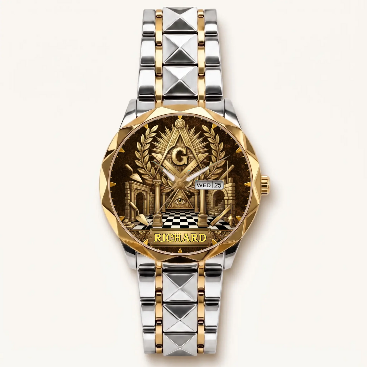 Personalized Masonic watch - two-tone bracelet with gold-tone bezel